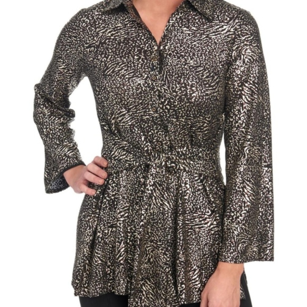 MISHCA Leopard Metallic Tie Front Top Size M